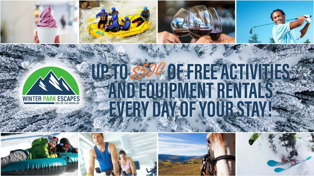 A vibrant collage-style interior scene featuring guests enjoying a wide variety of activities such as skiing, white-water rafting, wine tasting, golfing, horseback riding, and spa treatments. The image captures the excitement and diversity of adventures available in the region, with visual cues of mountain landscapes outside.