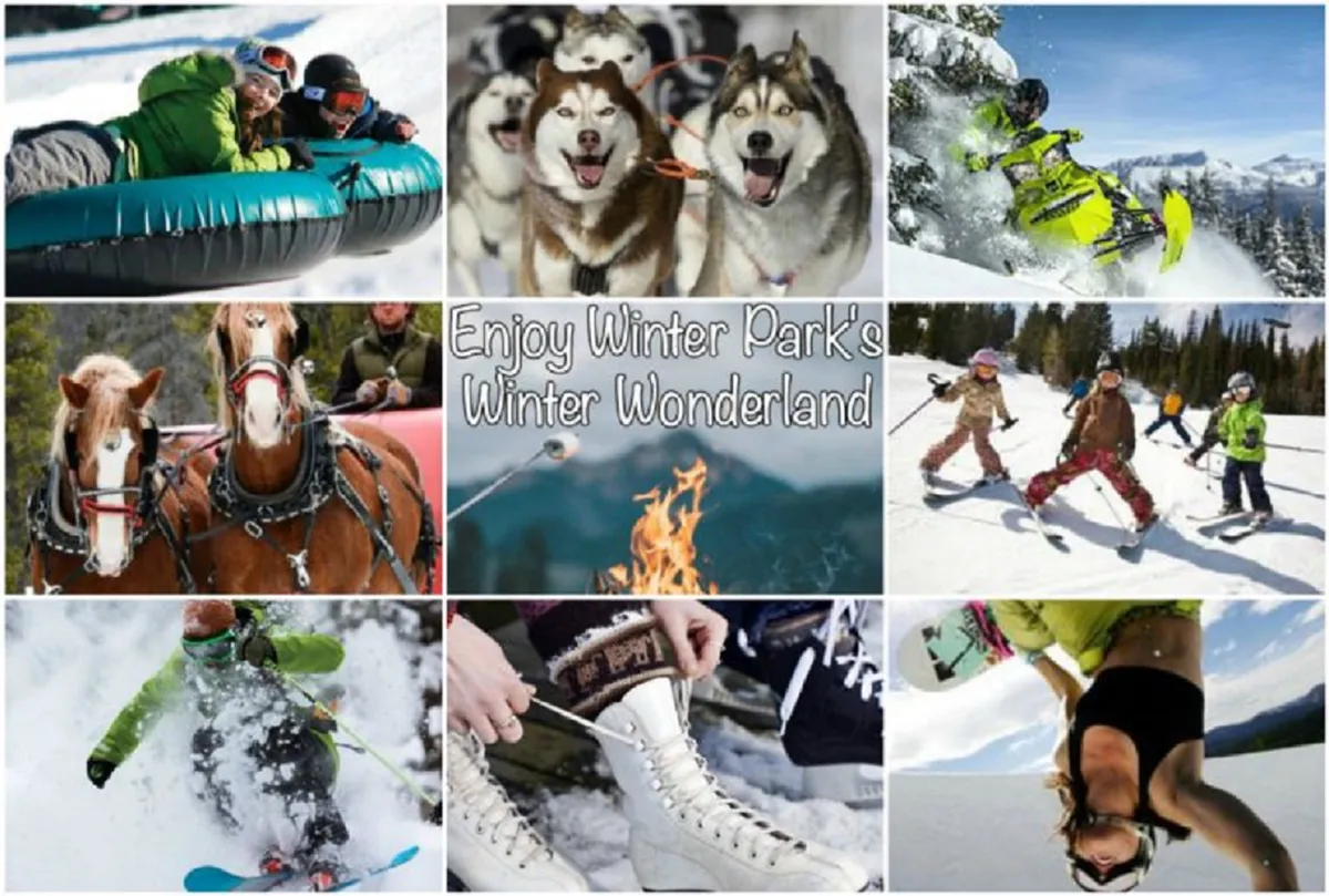 An energetic montage of winter activities: people tubing down snowy hills, dog sledding with Huskies, skiing, horses pulling sleds, children playing, and a cozy fire pit gathering. The image radiates joy, adventure, and family fun in a winter wonderland.